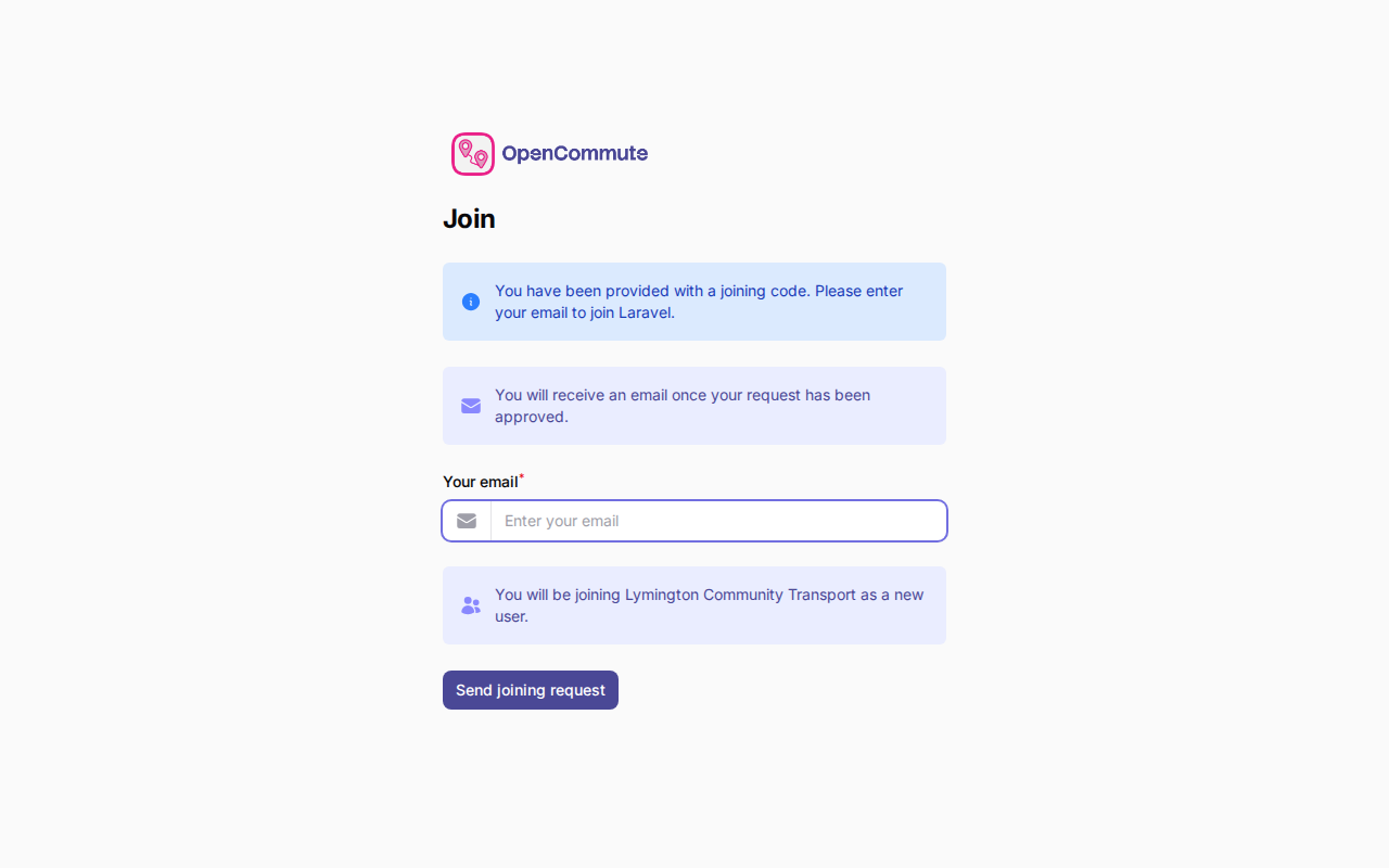 Join page with joining code and email fields