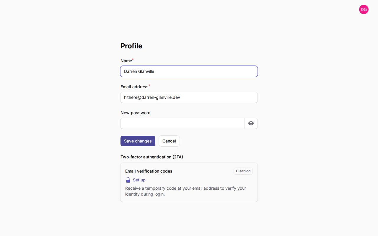 Profile page showing password update fields