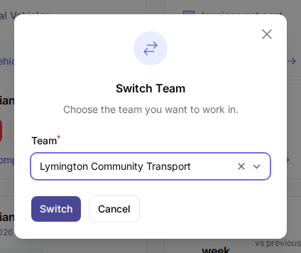Switch Team modal with team selector