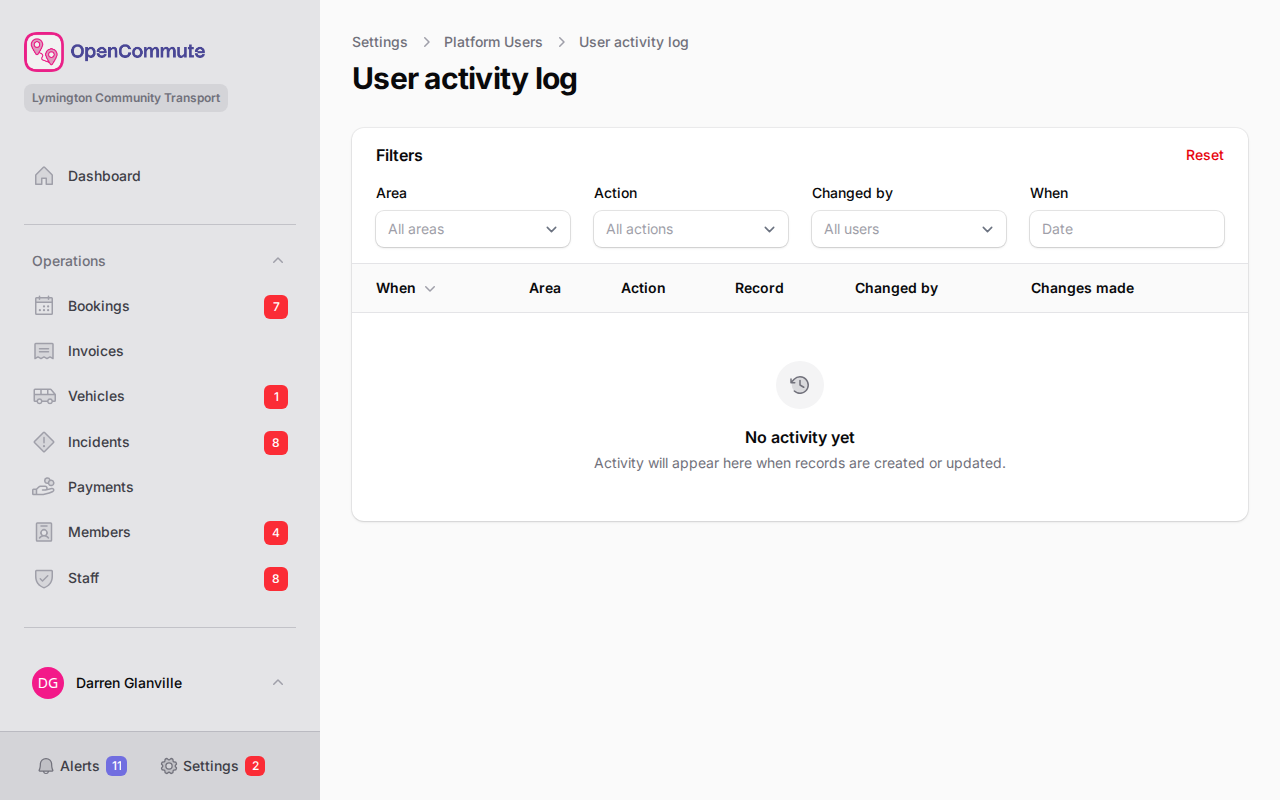 Audit log table with area and action columns