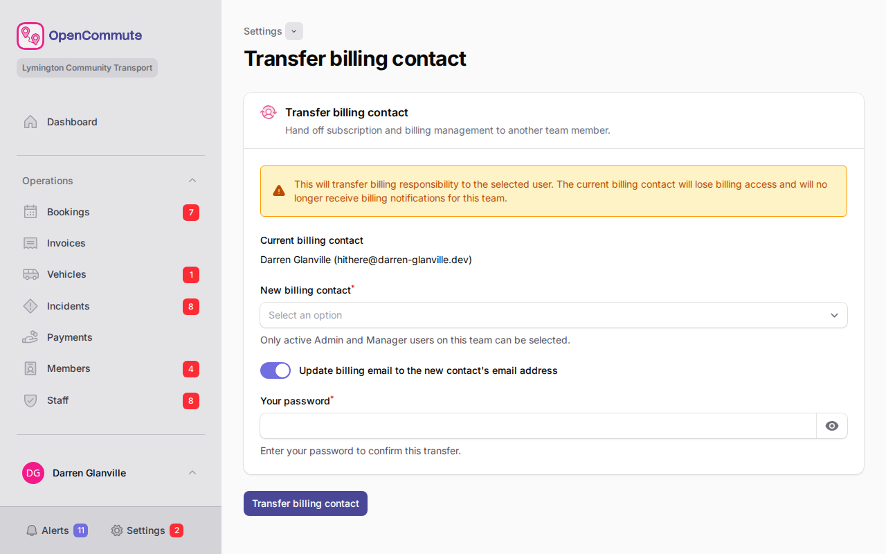 Billing contact transfer form with new contact and password confirmation