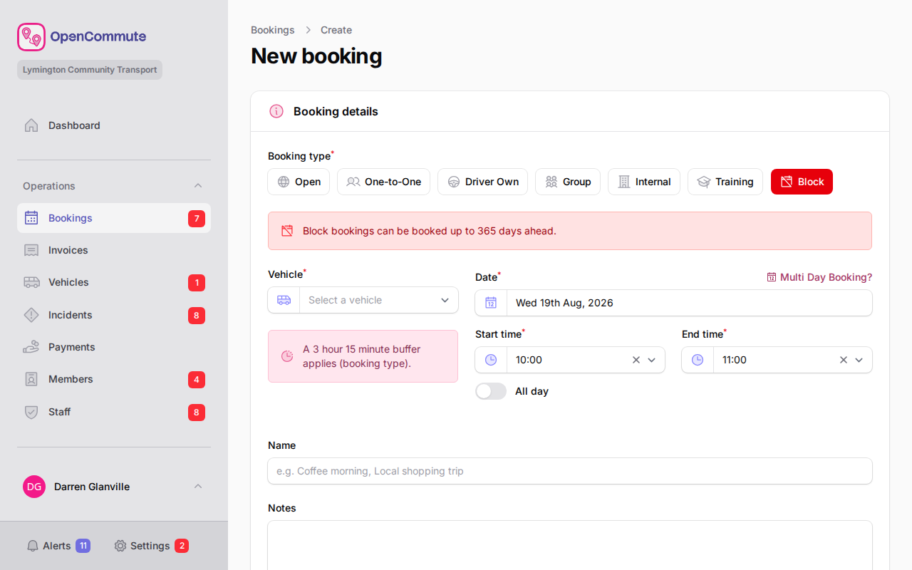 Block booking form with vehicle, schedule, and reason fields