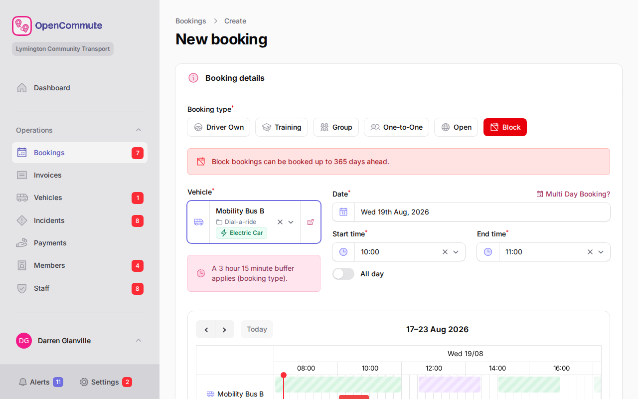 New booking form showing a buffer notice below the vehicle field