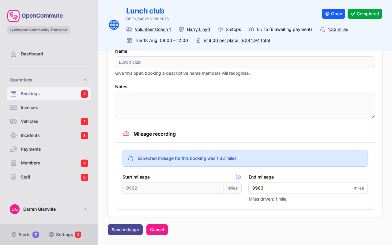 Booking edit form with end mileage field