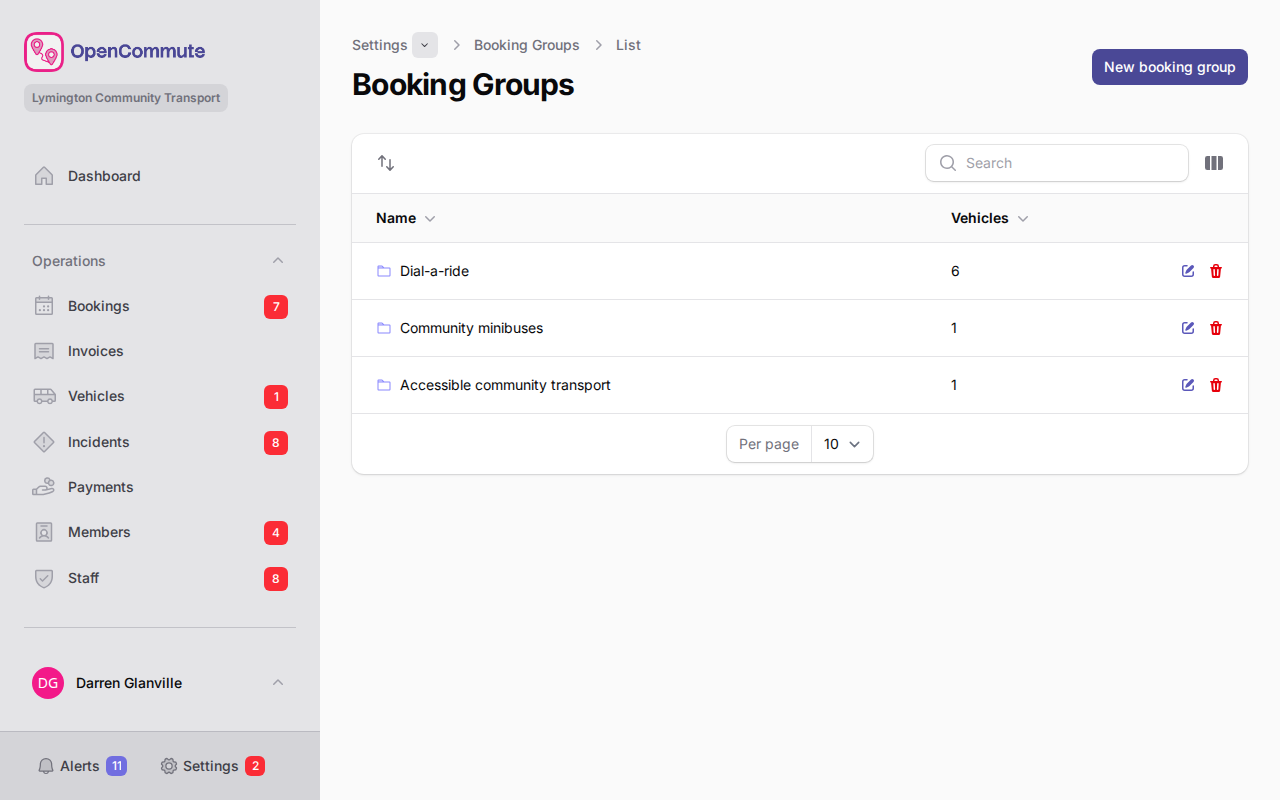 Booking groups list in Settings