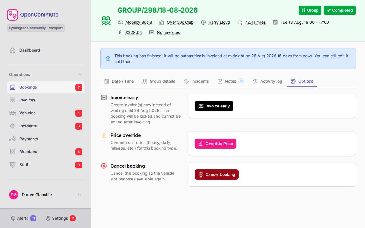 Booking Options tab with Invoice action