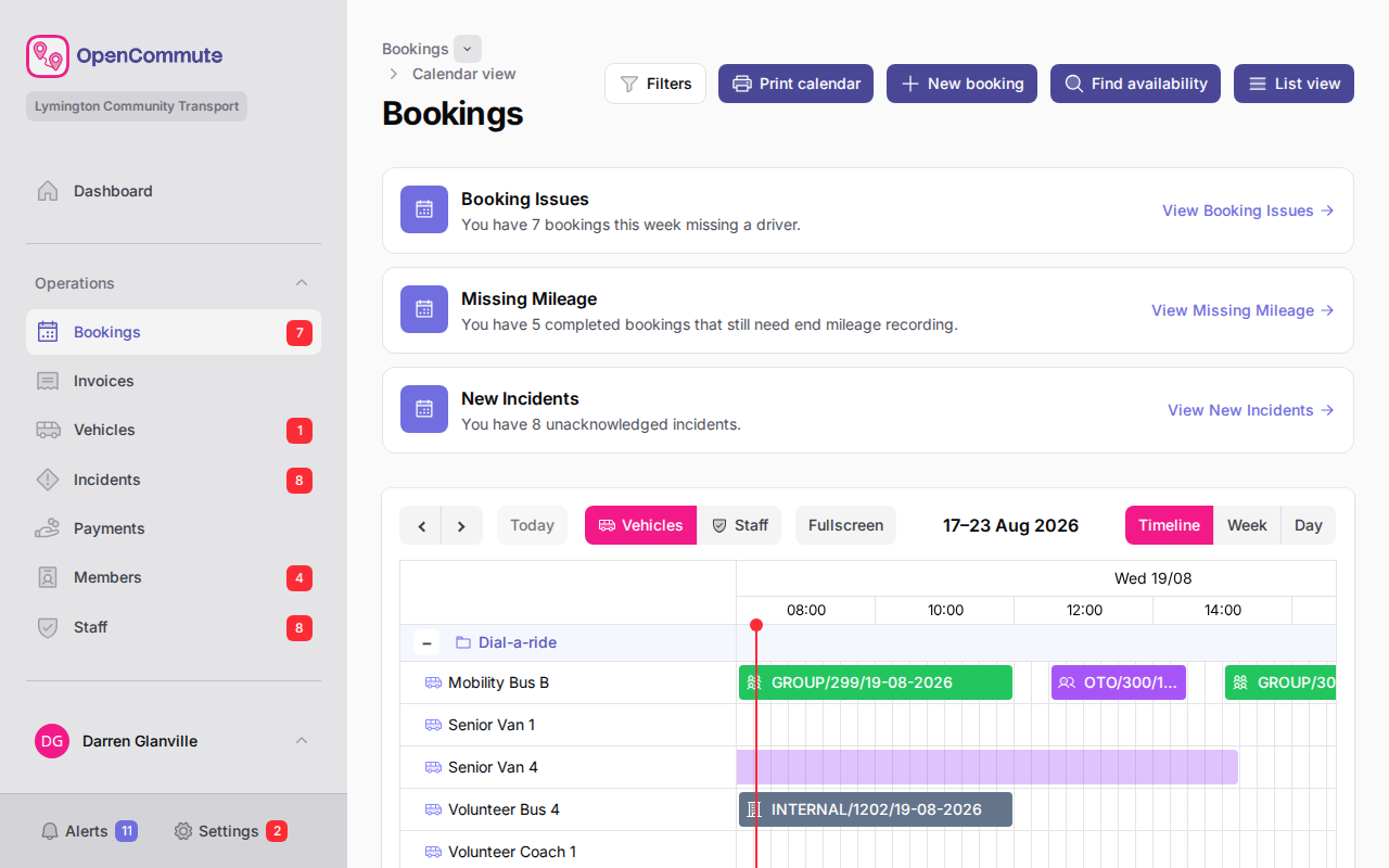 Bookings calendar with colour-coded events