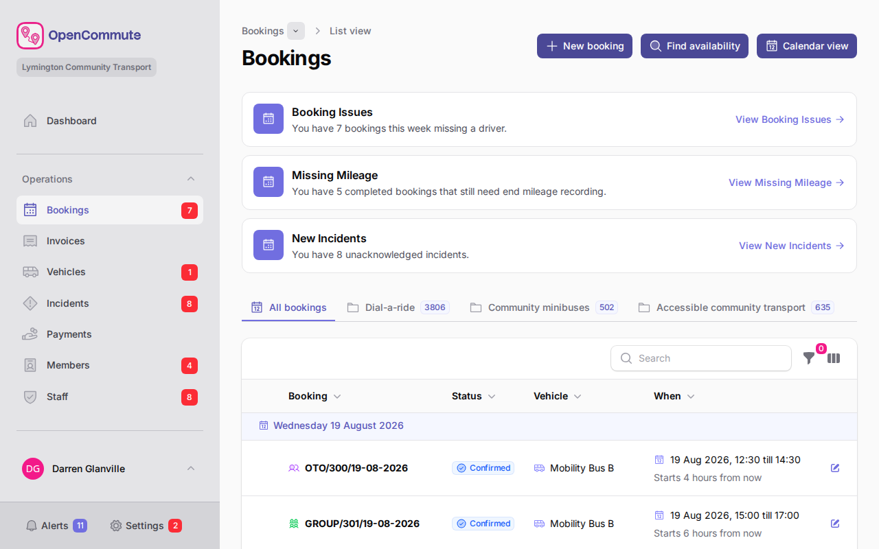 Bookings list with filters and upcoming bookings