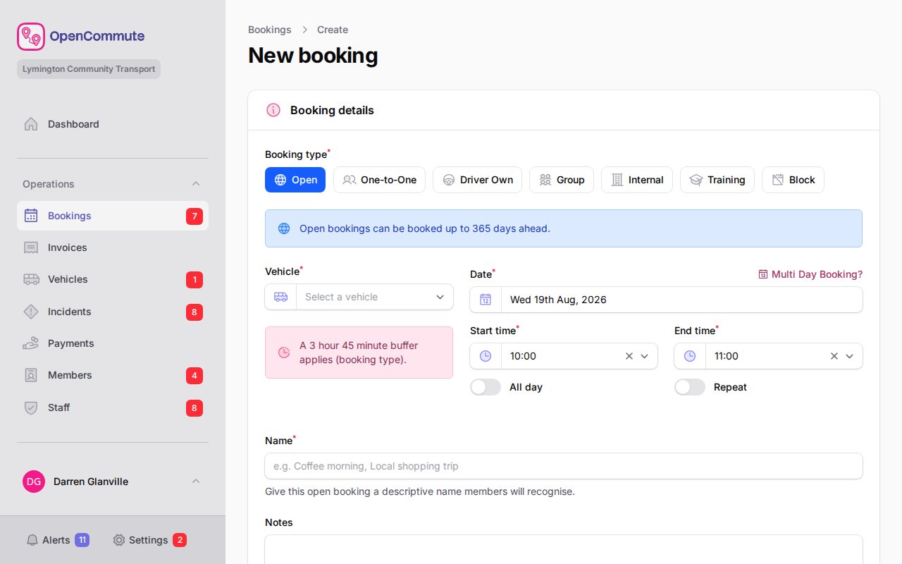 New booking form with booking type and schedule fields