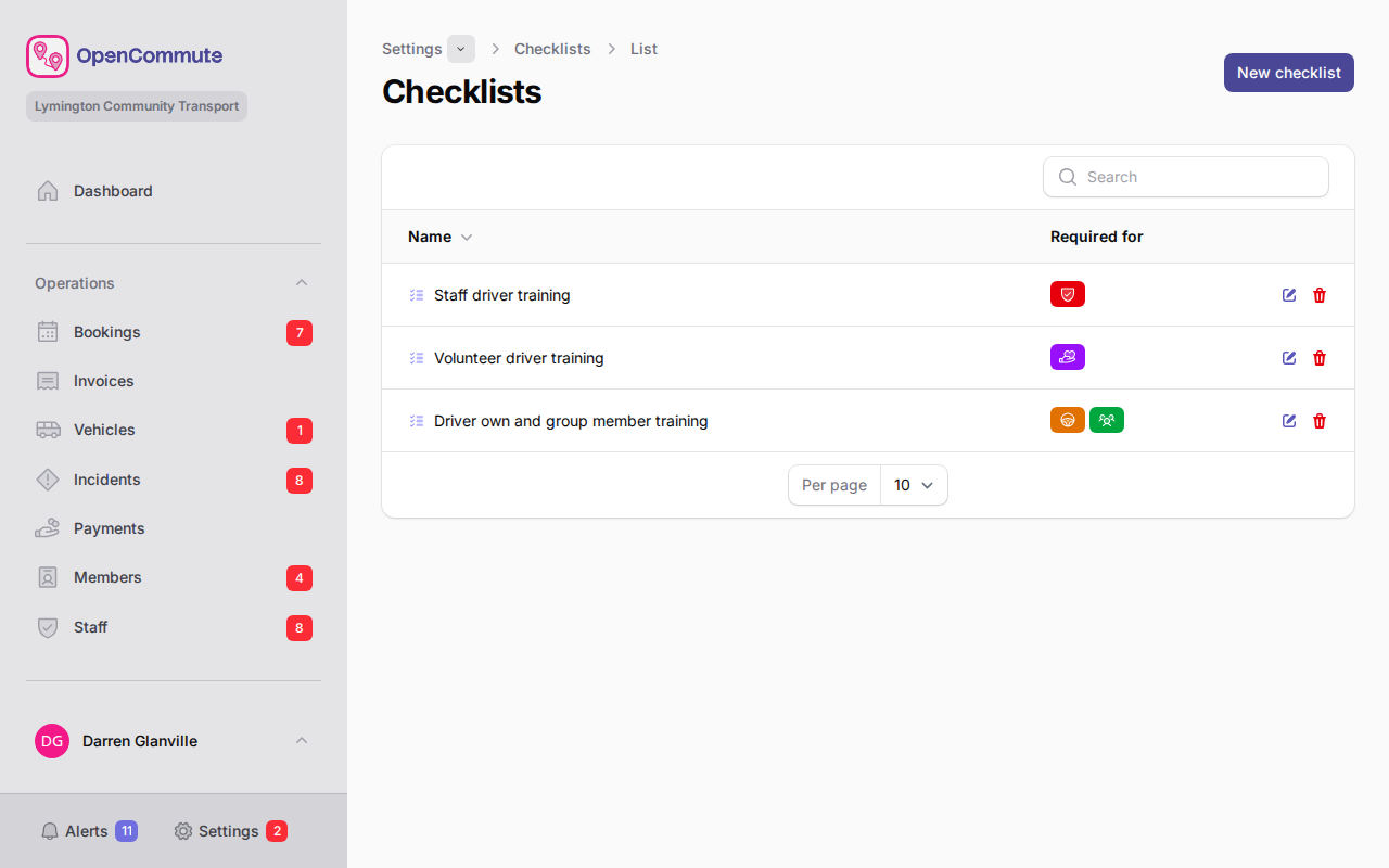 Checklists list in Settings