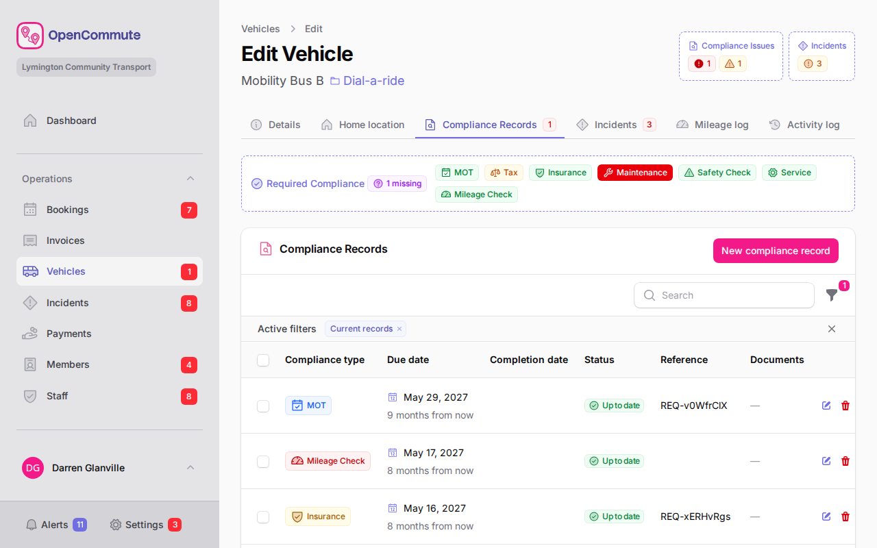 Compliance Records tab with create action