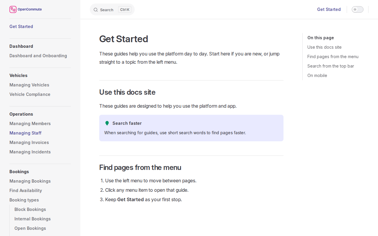Docs site left menu with guide sections