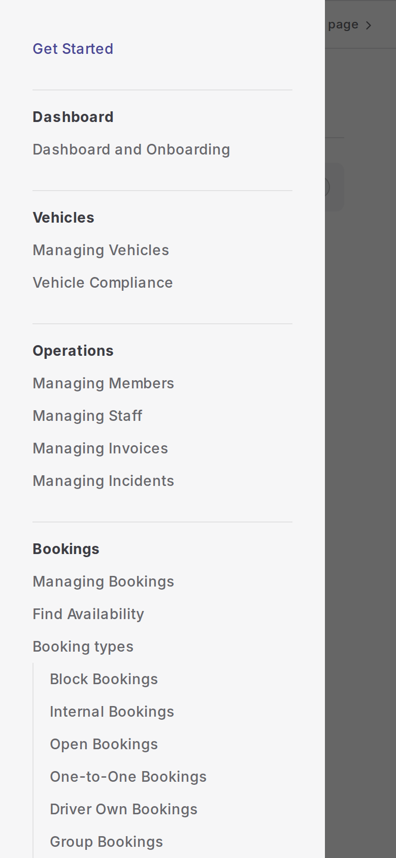 Docs site mobile menu open on a small screen