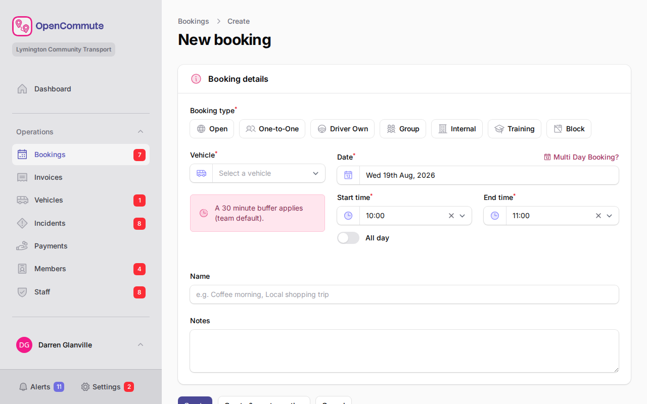 Driver own booking form with driver member and expected mileage