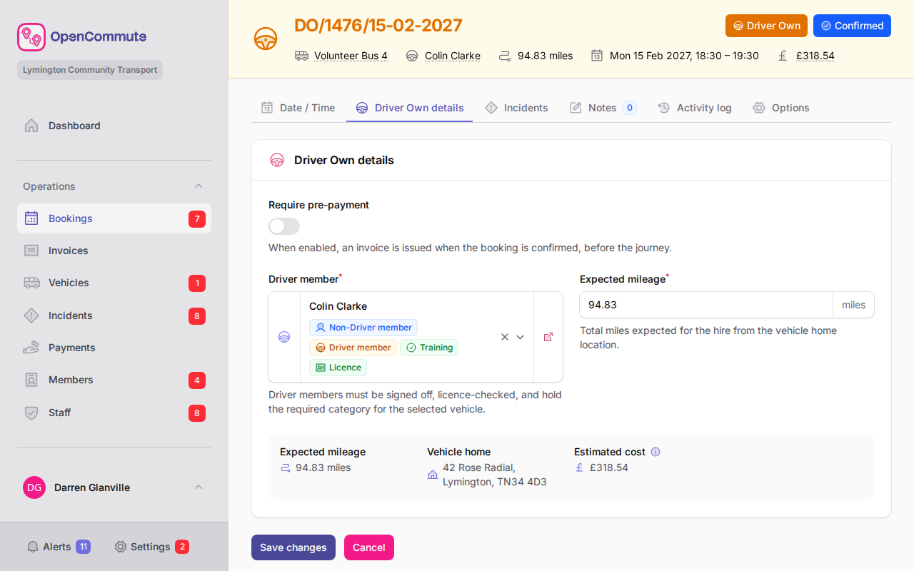 Driver own booking estimates bar with mileage and cost preview