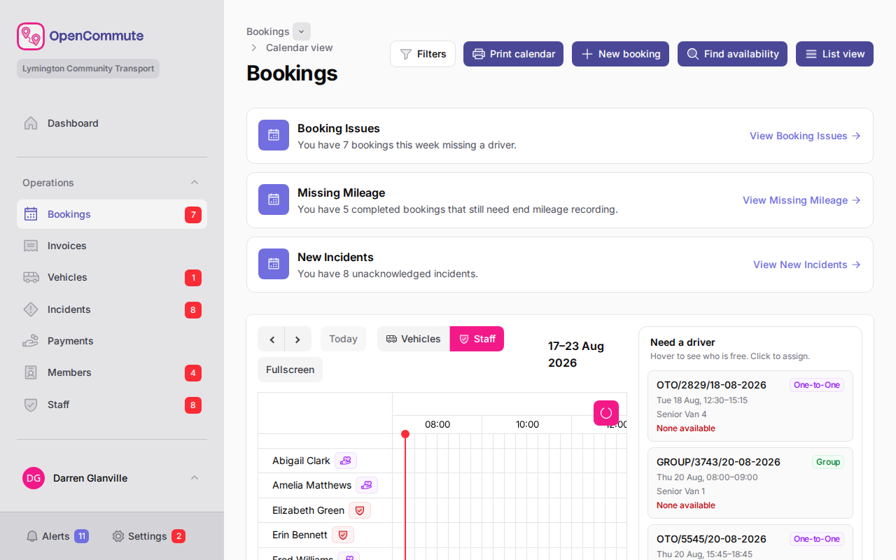 Drivers schedule calendar with unassigned group bookings