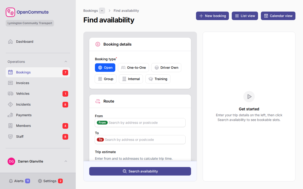 Find availability search form with route and time fields