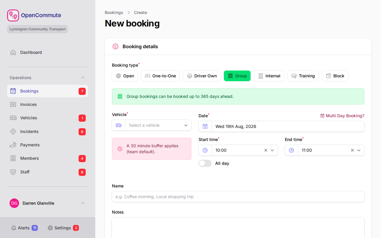 Group booking form with organisation and expected mileage