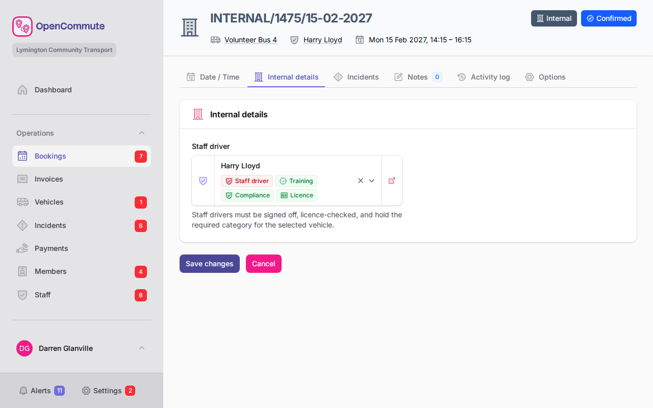 Internal booking details tab with optional staff driver field