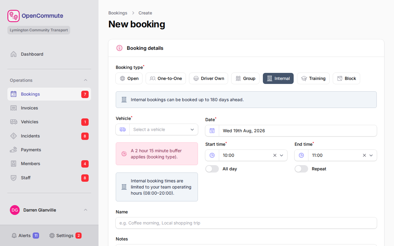 Internal booking form with vehicle, schedule, and operating hours notice