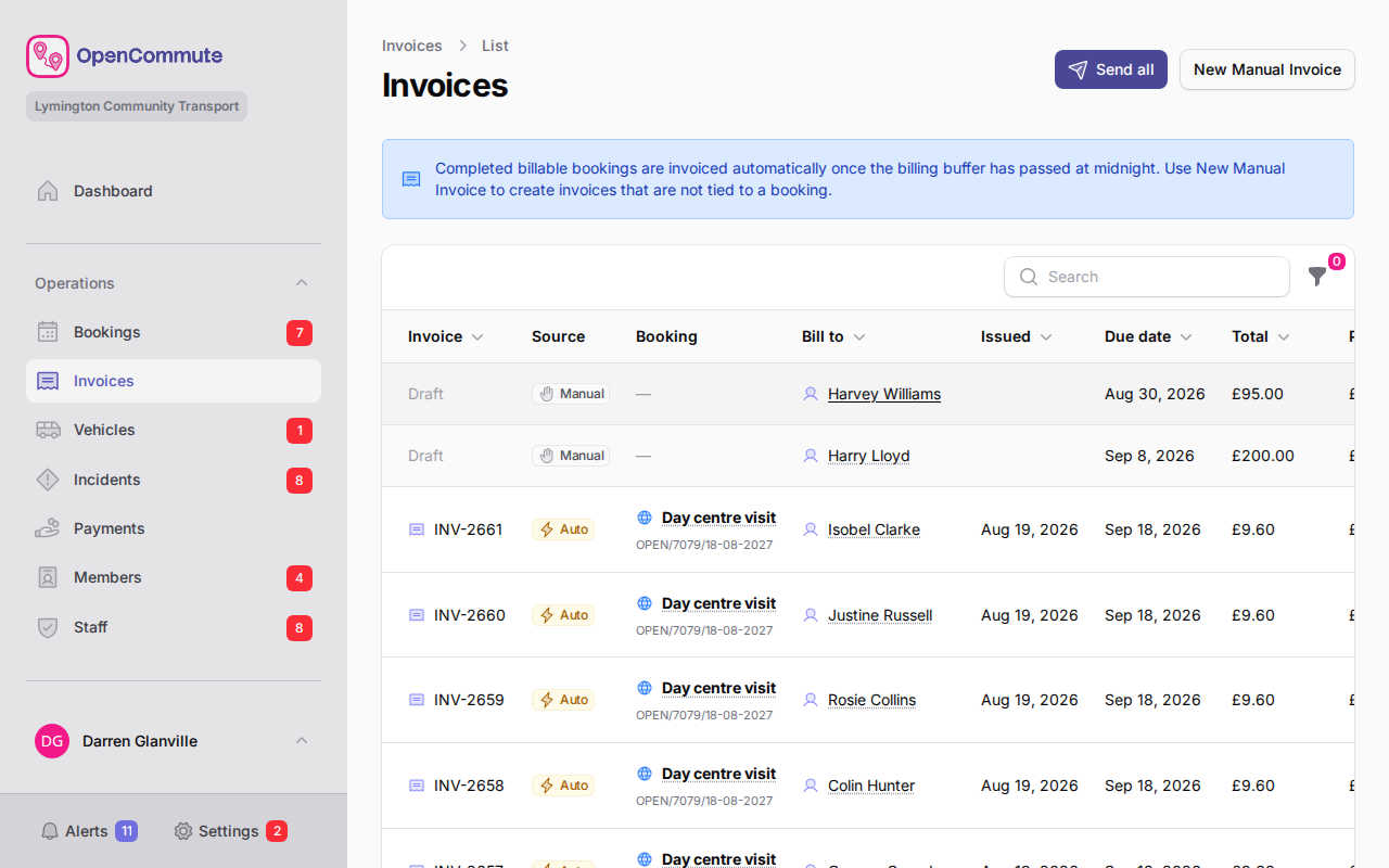 Invoices list with status and bill-to columns