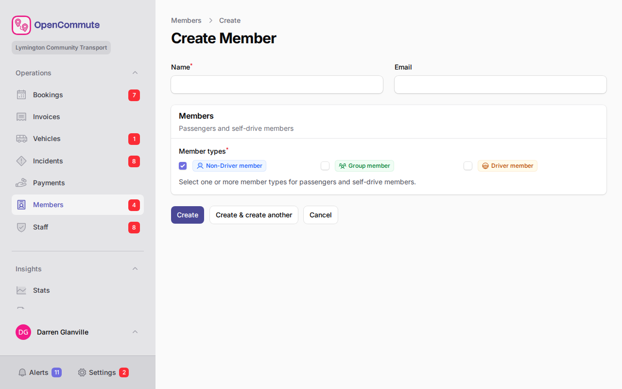 New member form with member type checkboxes