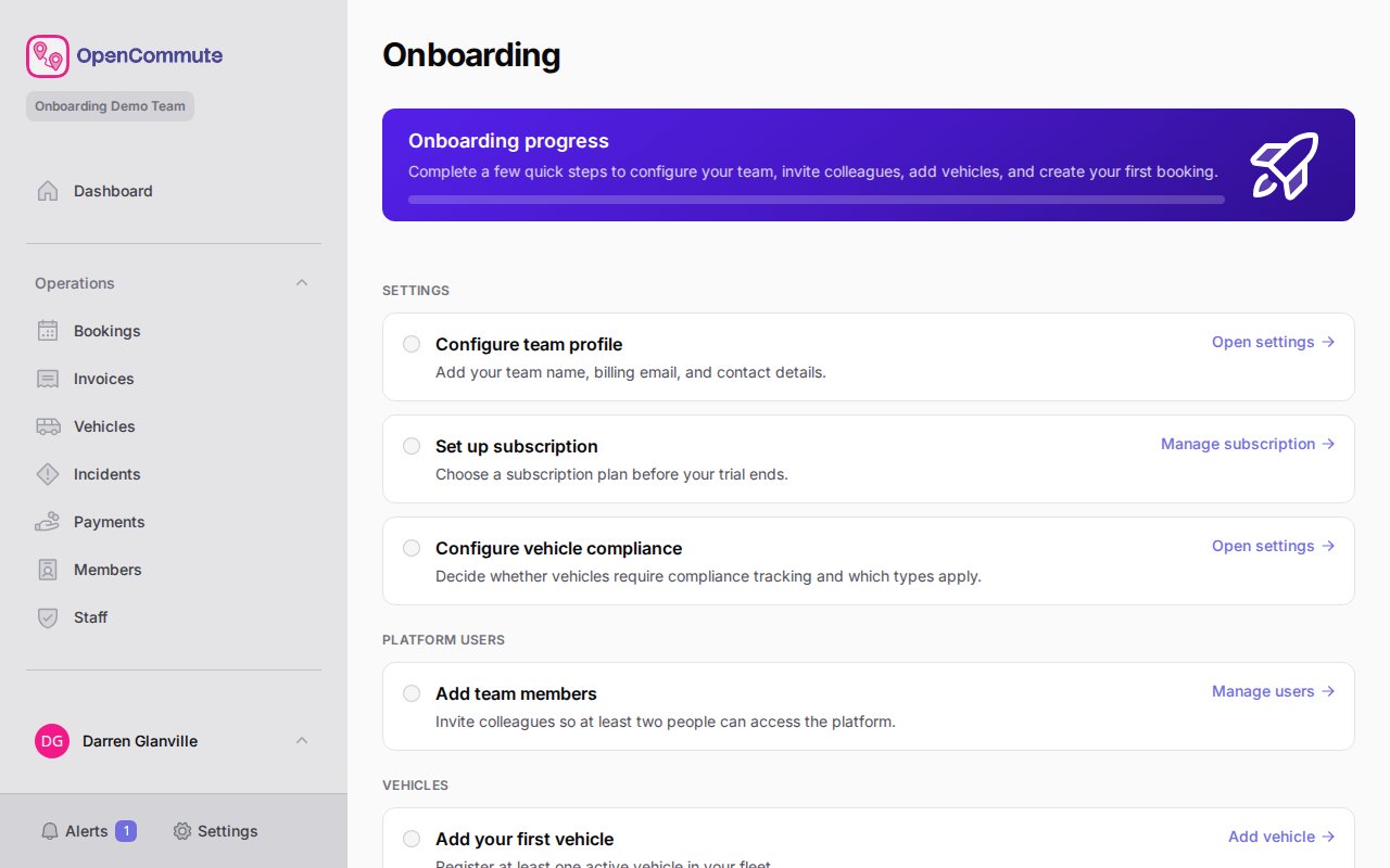 Onboarding checklist with progress percentage