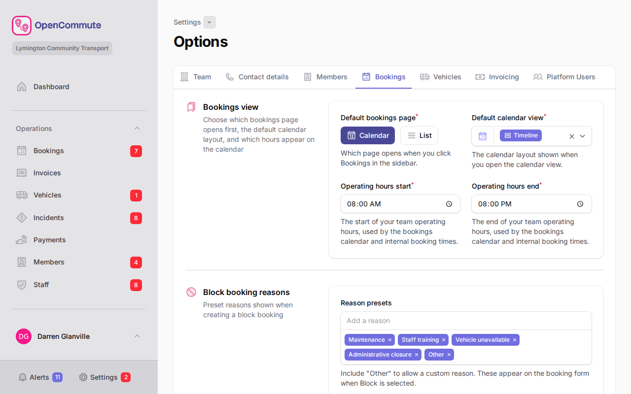 Bookings tab with calendar defaults and operating hours