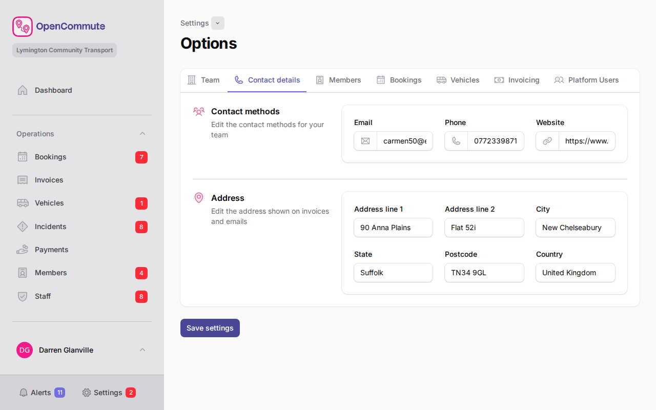 Contact details tab with contact methods and address fields