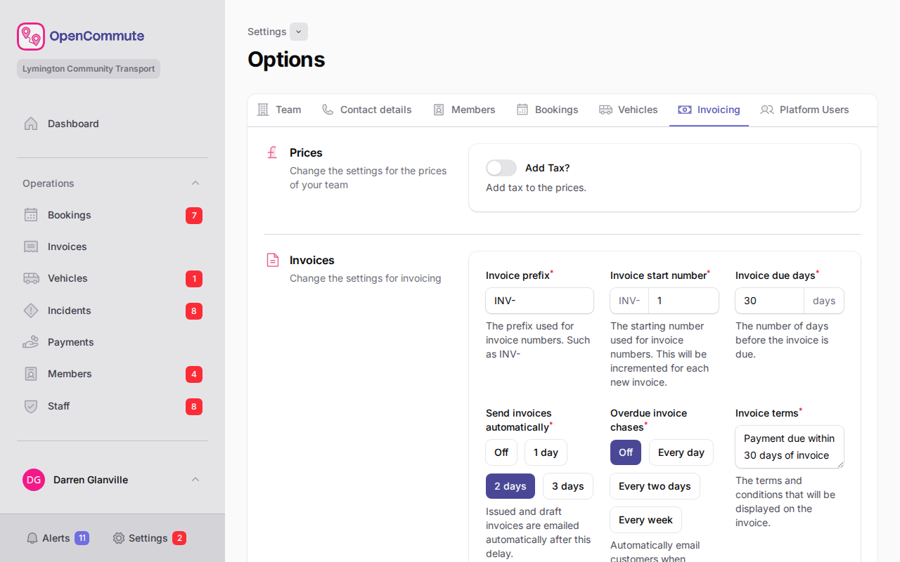 Invoicing tab with tax and invoice default fields