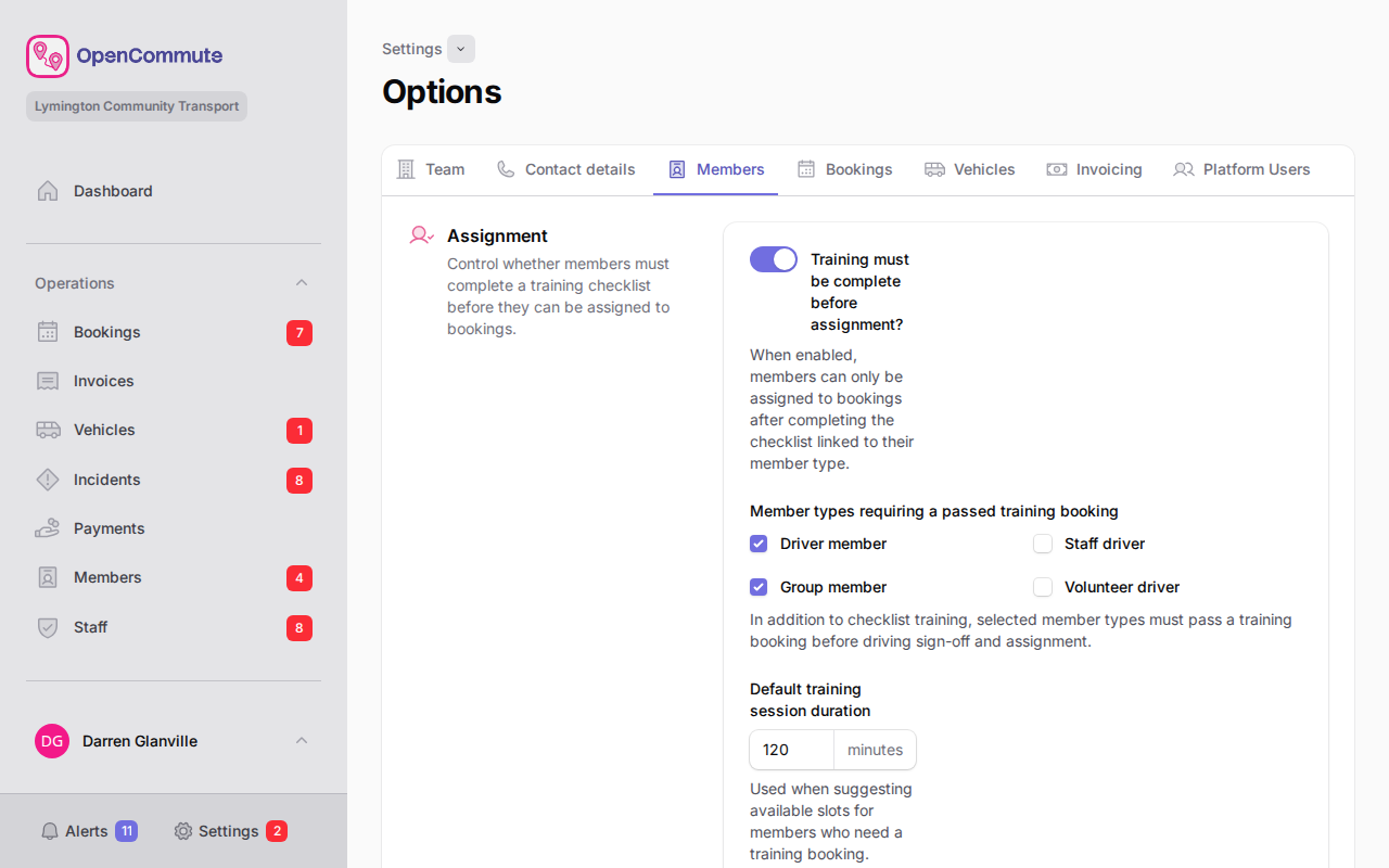 Members tab with training and DBS settings