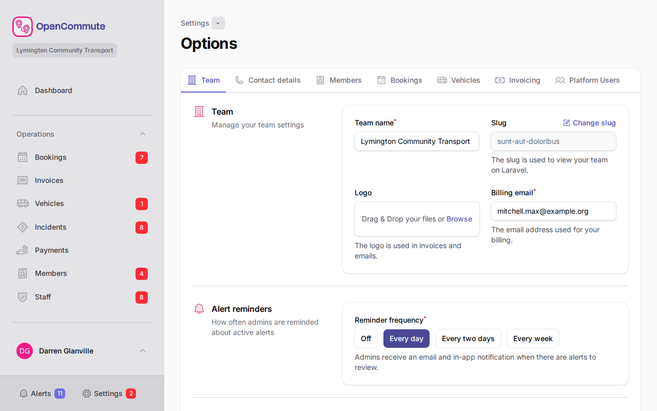 Team tab with name, billing email, and logo fields