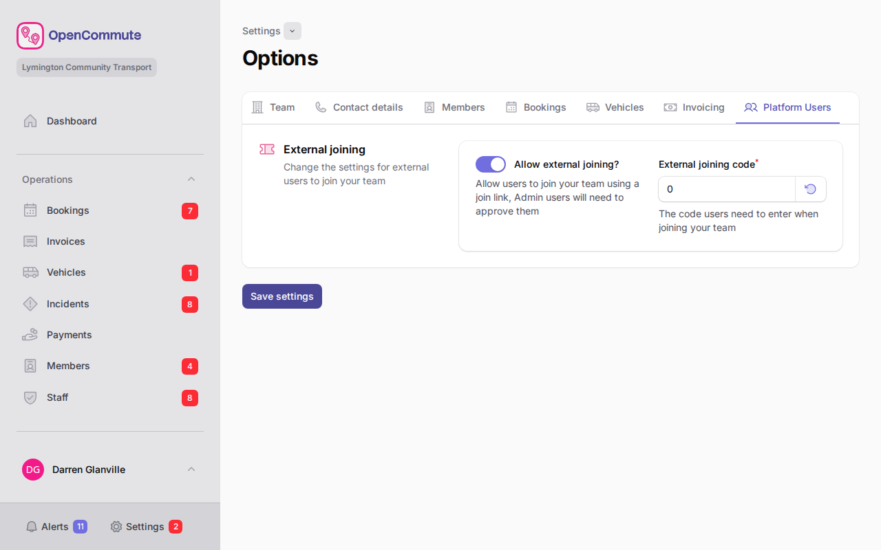 Platform Users tab with external joining settings