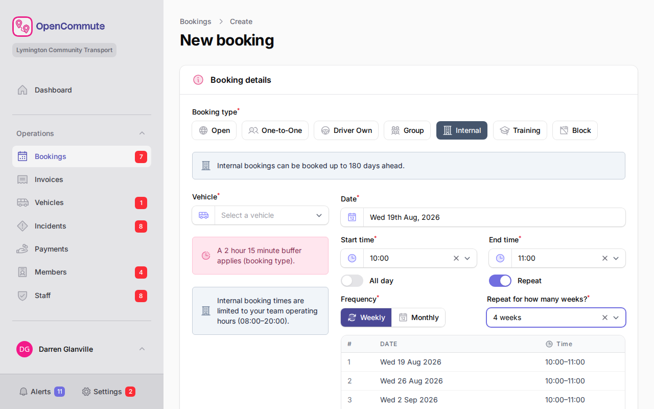 New booking form with repeat options and preview dates