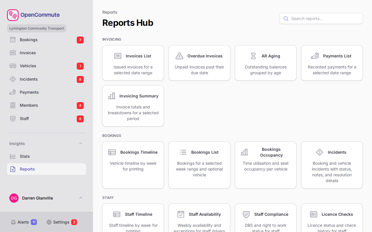 Reports hub with searchable report cards