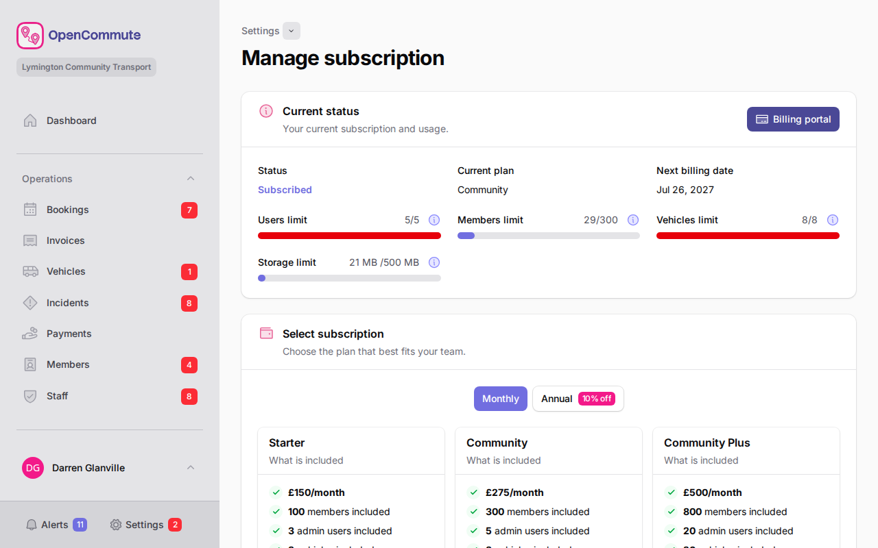 Subscription plans page with current plan and usage limits
