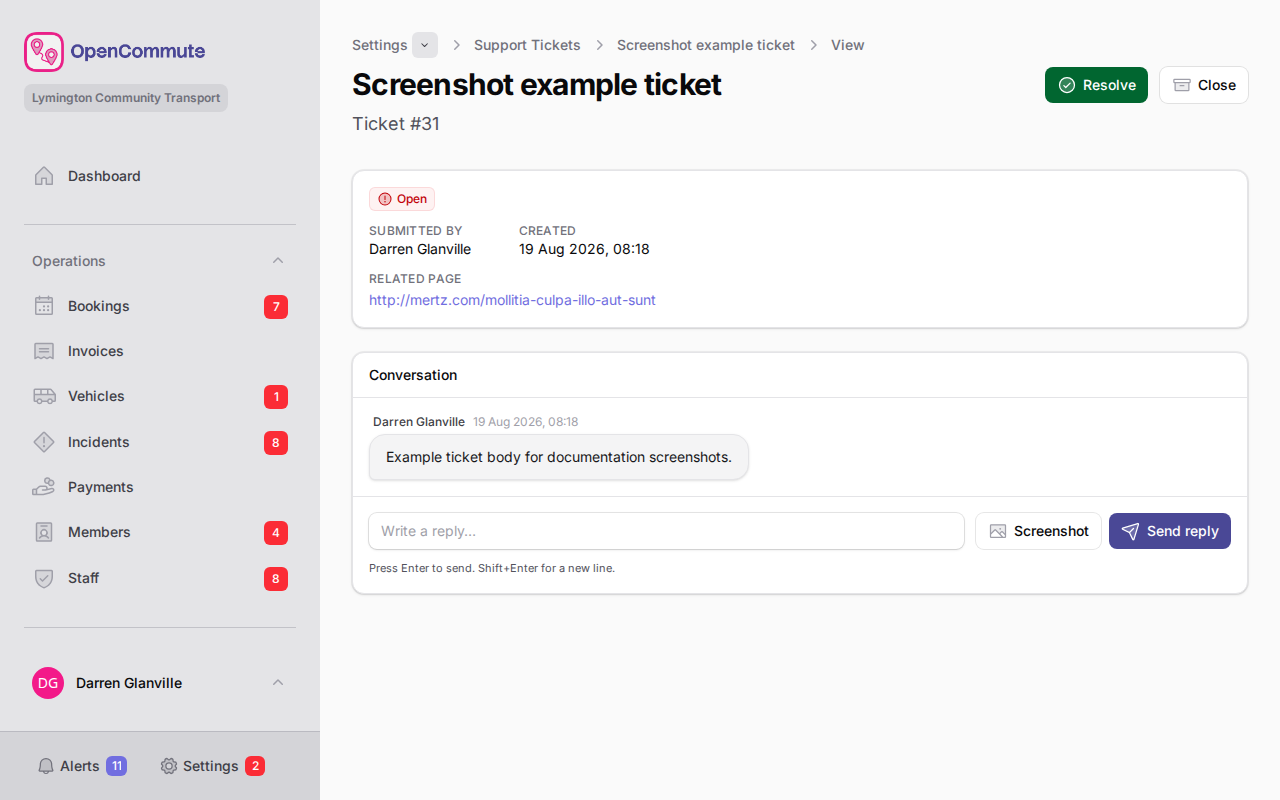 Support ticket conversation and reply composer