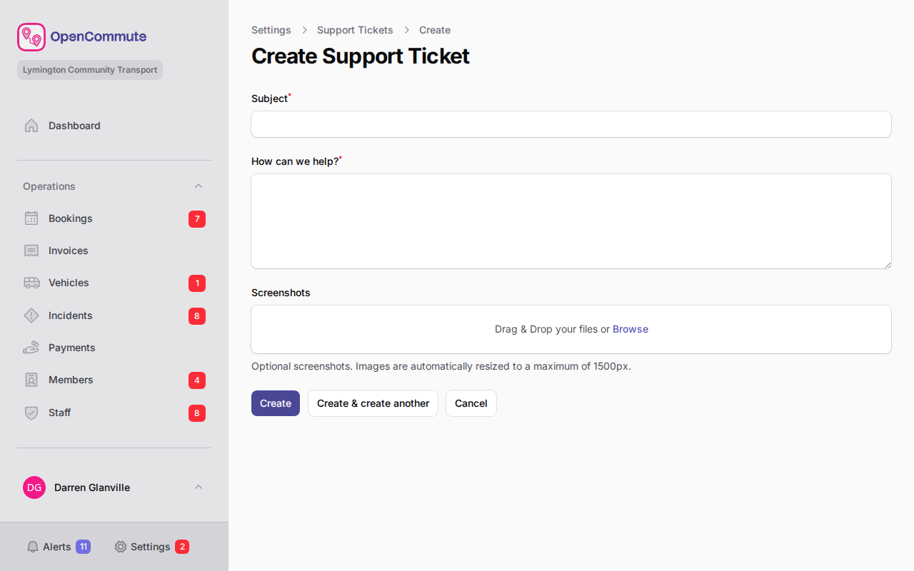 Create support ticket form with subject, message, and screenshots