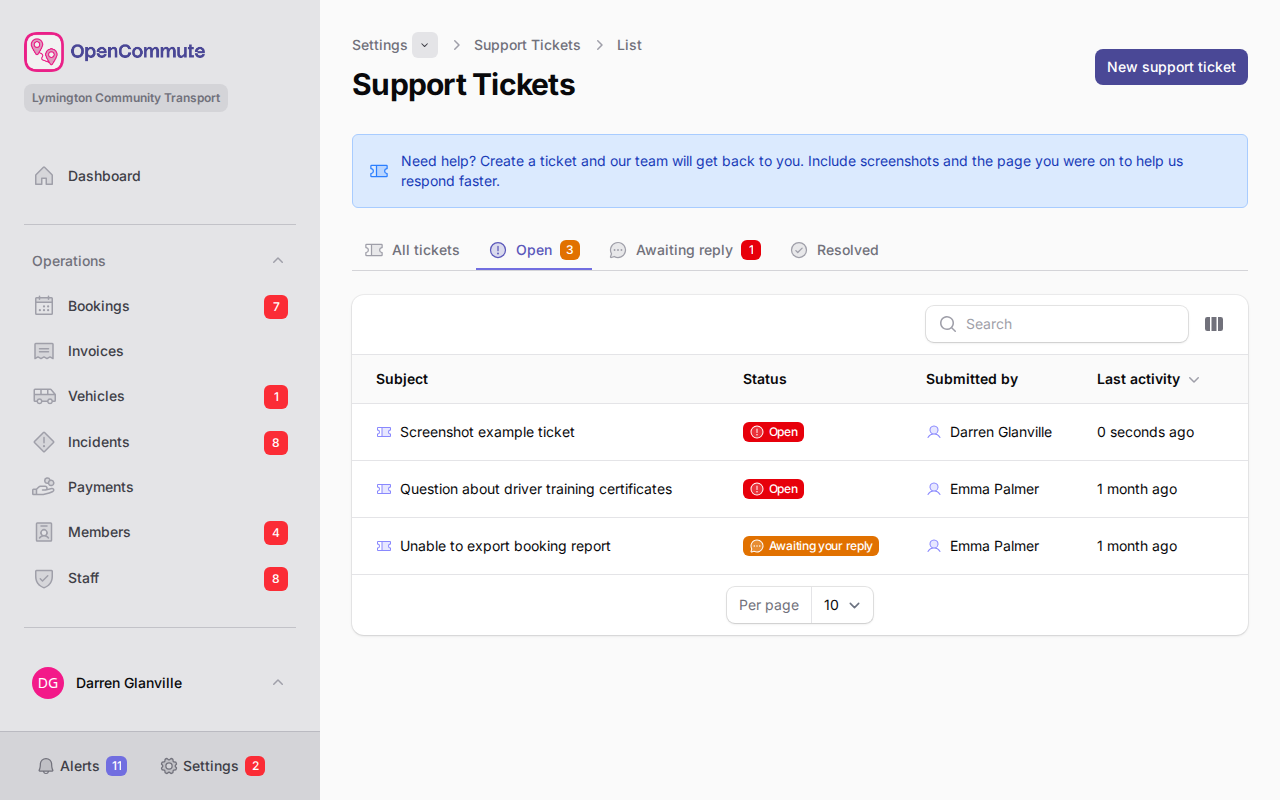 Support tickets list with Open tab