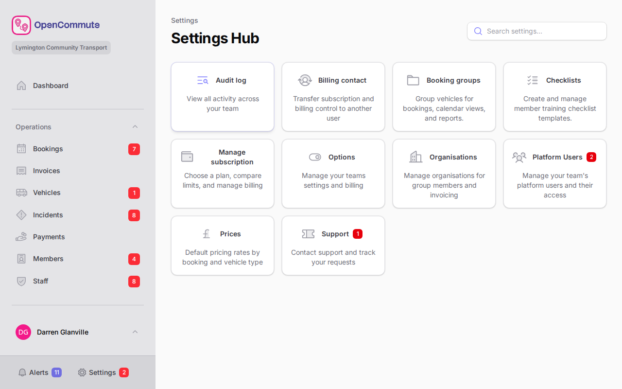 Settings hub with Support card