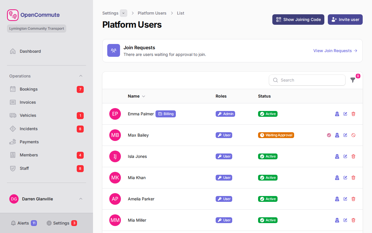 Platform Users list showing waiting approval status and approve action