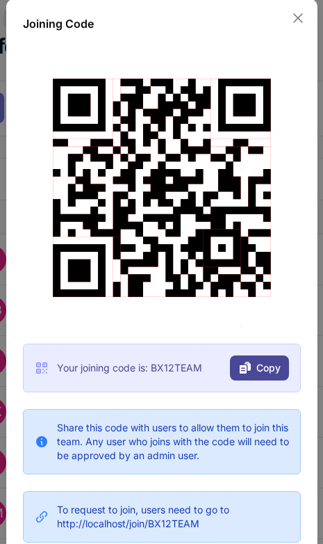 Joining code modal with QR code and share details