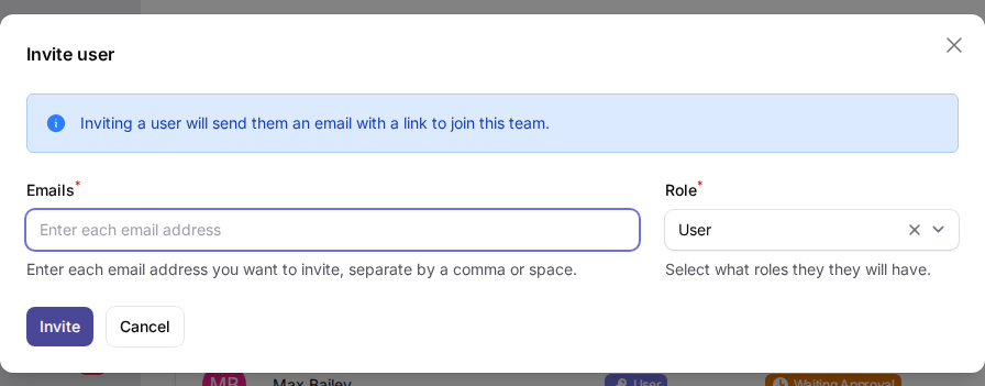 Invite user modal with email and role fields