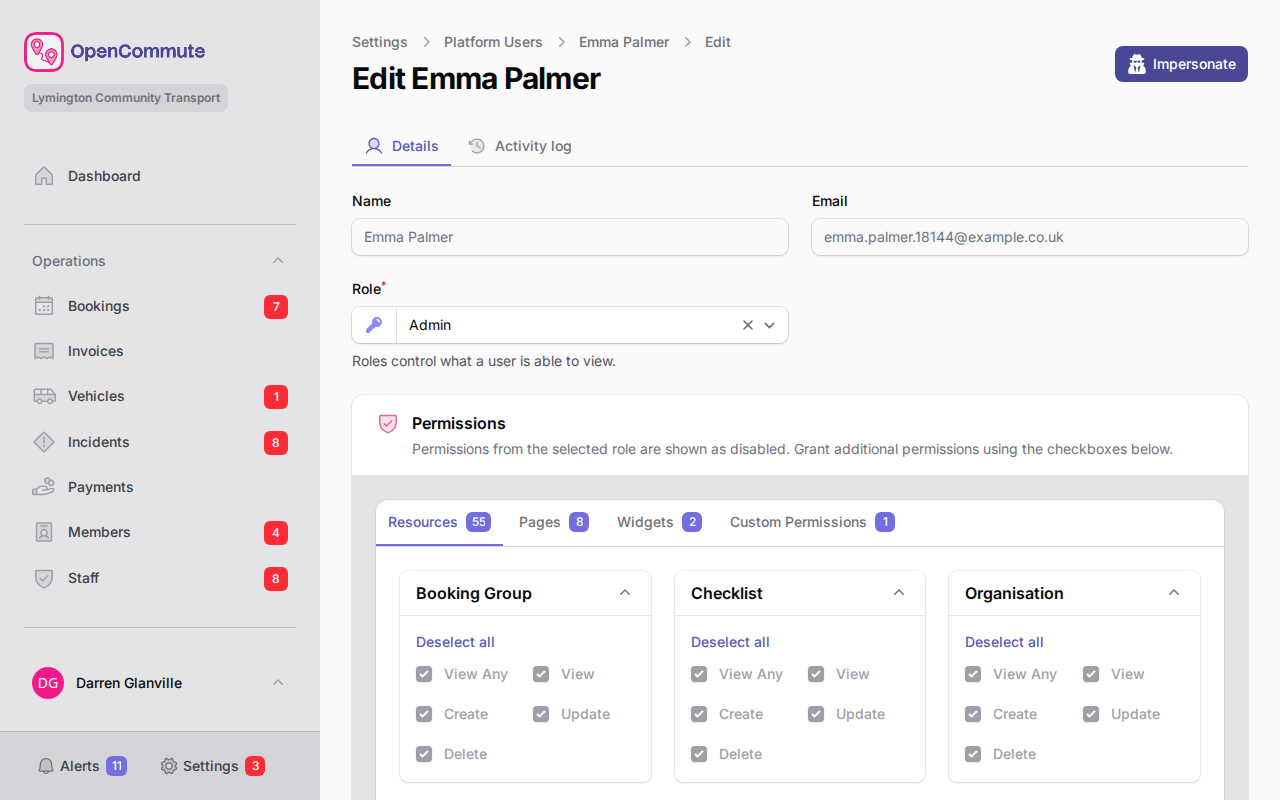 User edit form with Role field and Permissions section