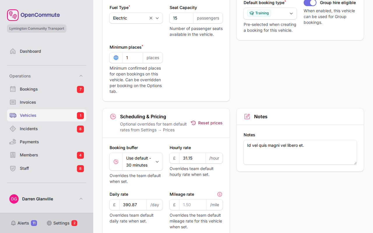 Vehicle details with booking buffer override selected