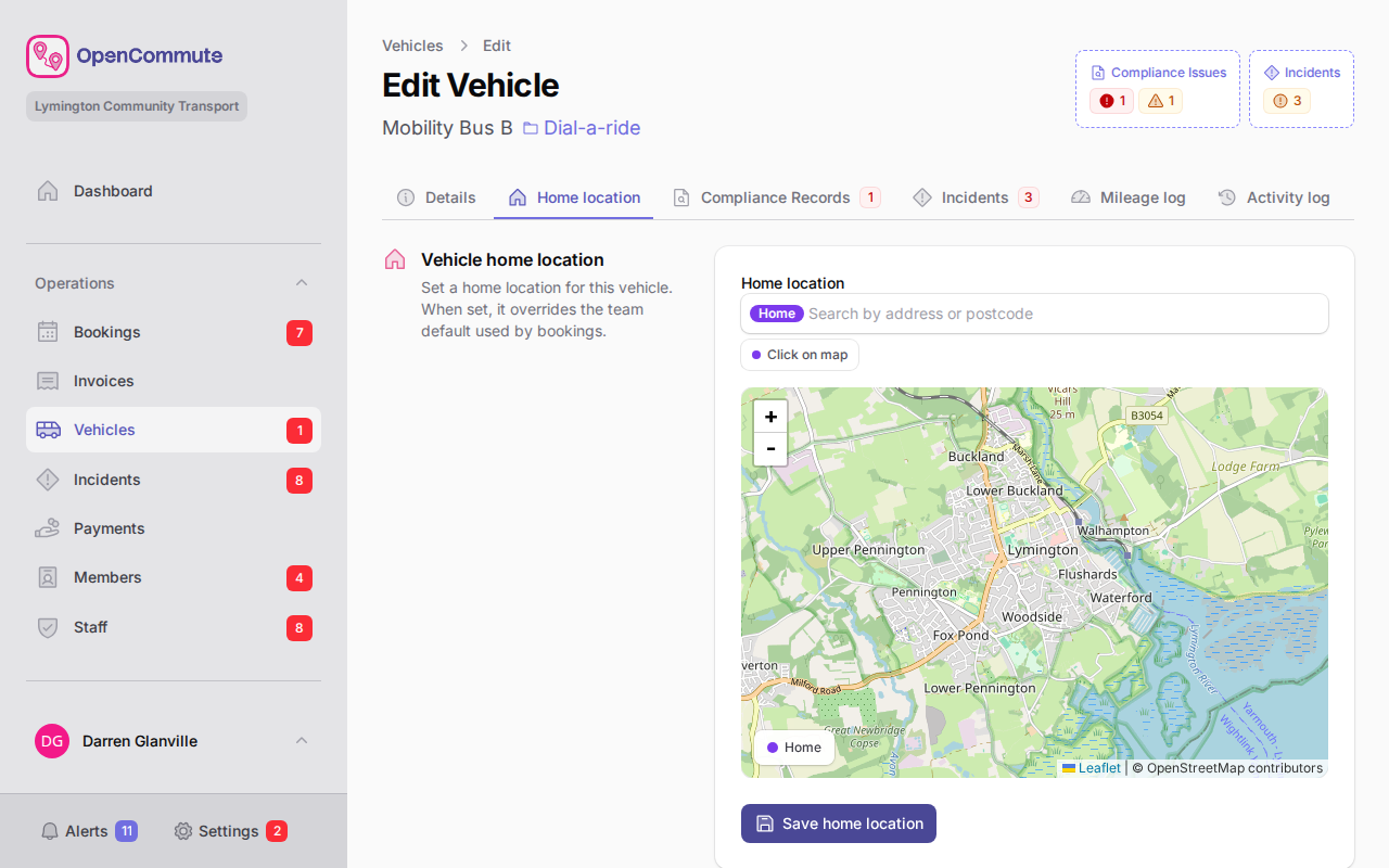 Vehicle Home location tab with map picker