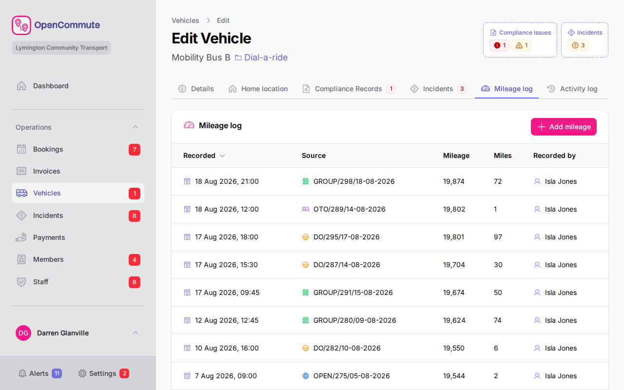 Vehicle Mileage log tab with recorded readings