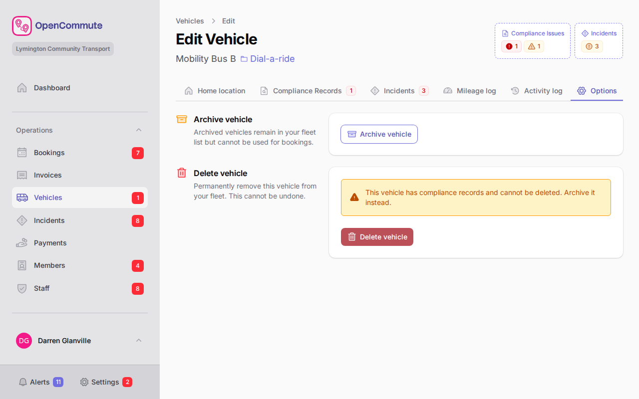 Vehicle Options tab with archive and restore actions